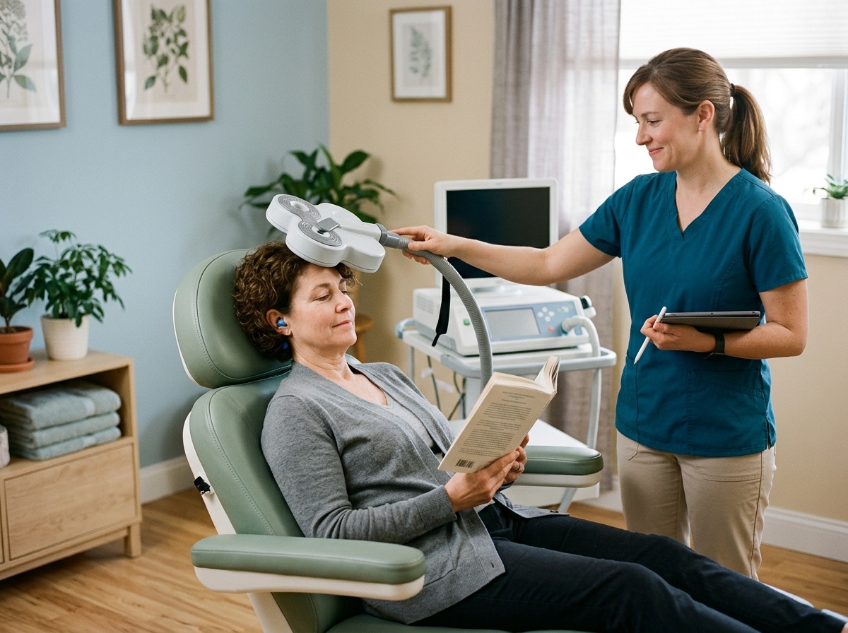 Patient undergoing gentle non-invasive TMS therapy